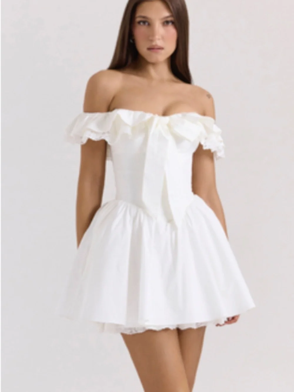 House of CB White Cotton Off Shoulder Corset Mini Dress (XS - Longer) - Picture 2 of 4